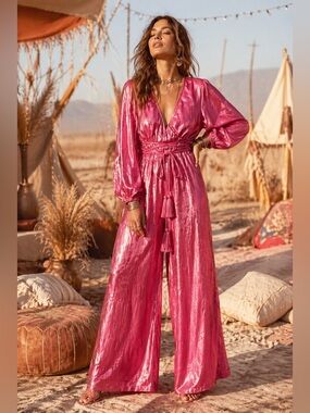 BTFL-Life Metallic Pink V-Neck Wide-Leg Jumpsuit size small festival wedding